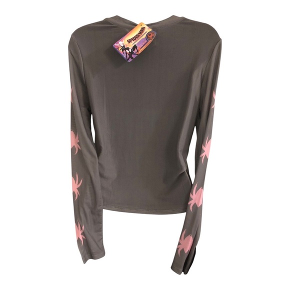 Marvel’s Spiderman Gwen olive green brown pink graphic print sheer mesh top sz L - Picture 7 of 16